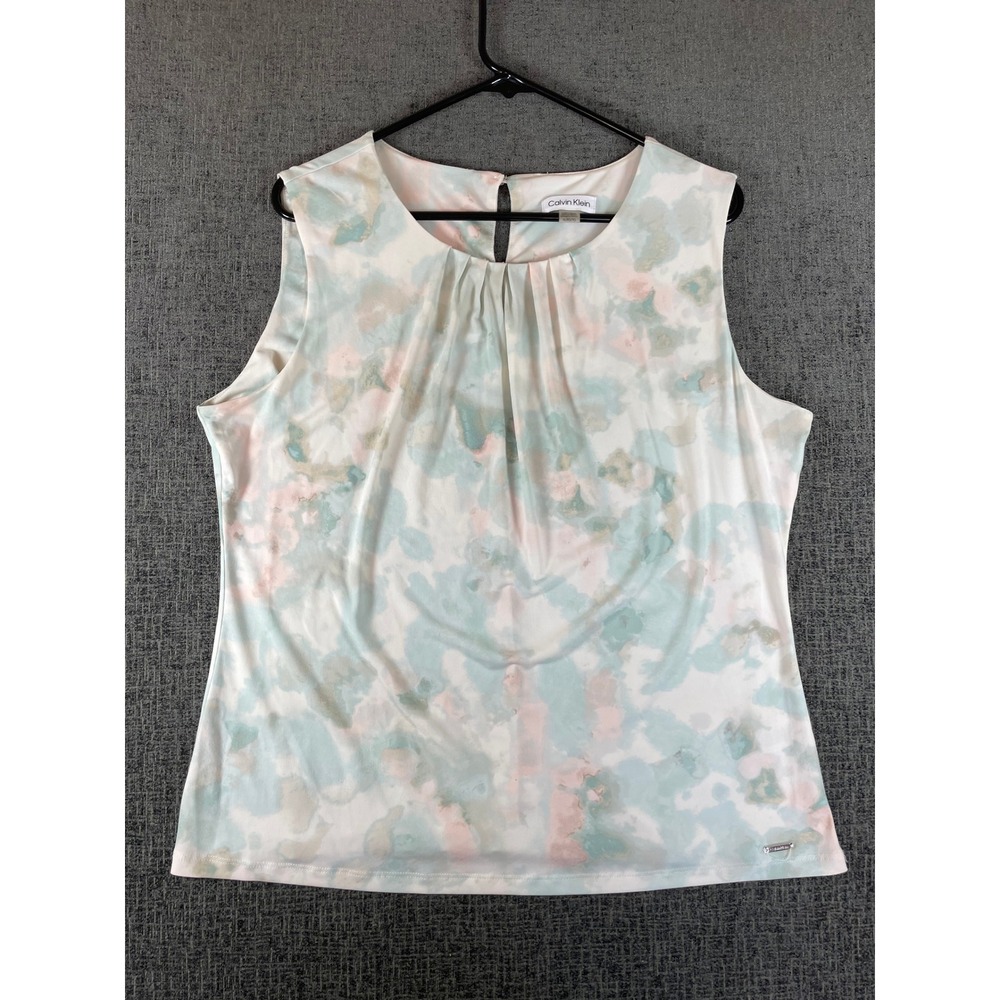 Calvin Klein Womens XL Sleeveless Pastel Watercolor Floral Pleated Neck Blouse